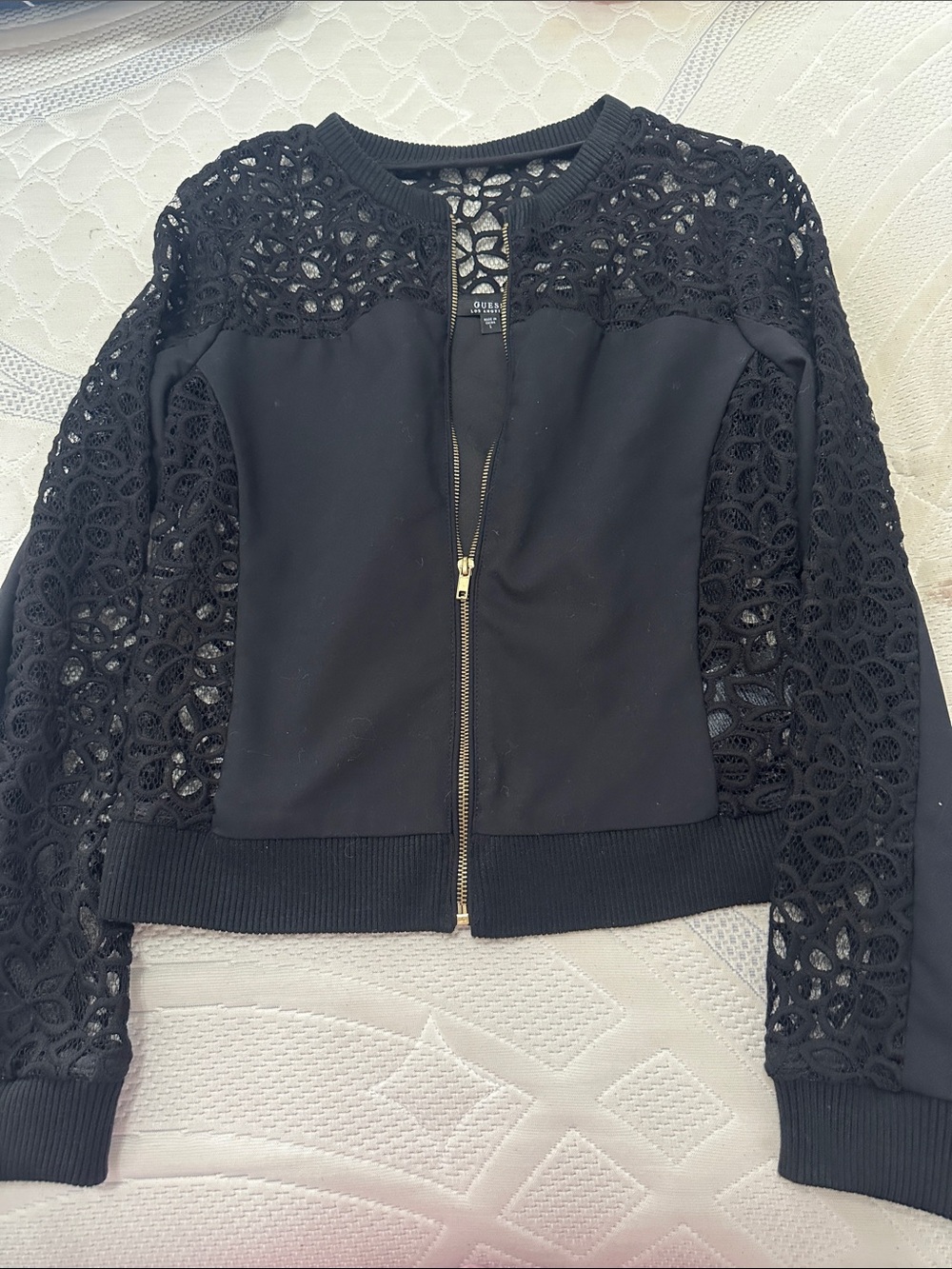 Guess Black Lace-Sleeve Bomber Jacket with Gold Zip